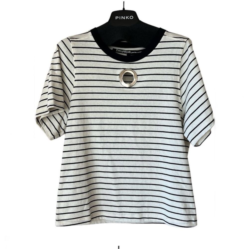Pinko Striped T-Shirt Ring Short Sleeve in Ivory and Black Size XS